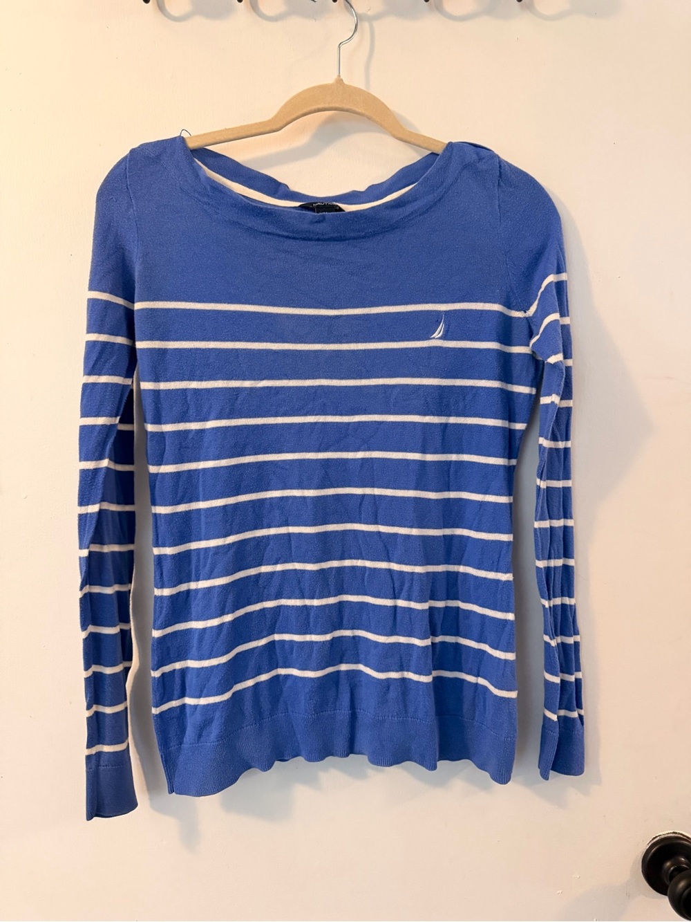 Nautica Blue and White Striped Boatneck Sweater